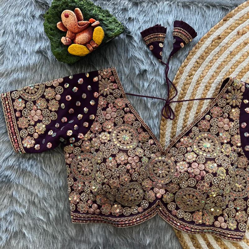 Wine  Diamond Drape Heavy Embroidered Bridal Blouse