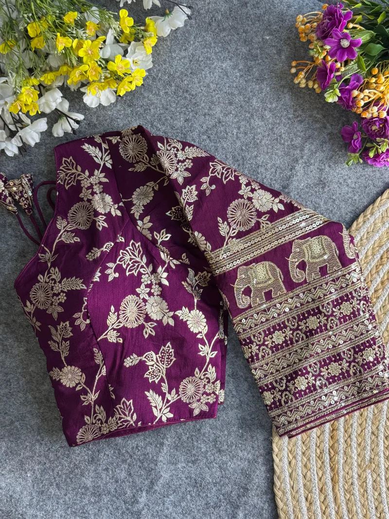 Wine  Elegant Silk Blouse with Intricate Elephant Design