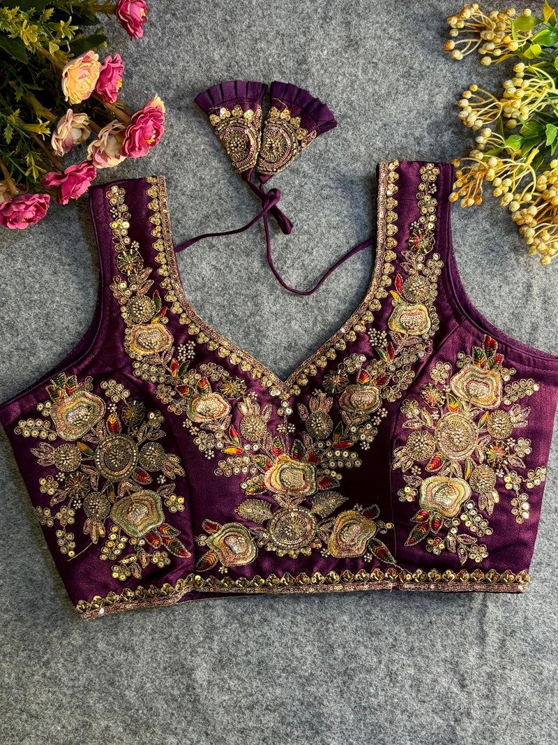 Wine Embroidered Blouse with Gold Work & Sleeves attached