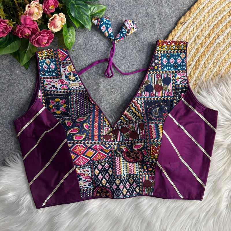 Wine  Ethnic Print Garba Blouse with Bold Contrast Look