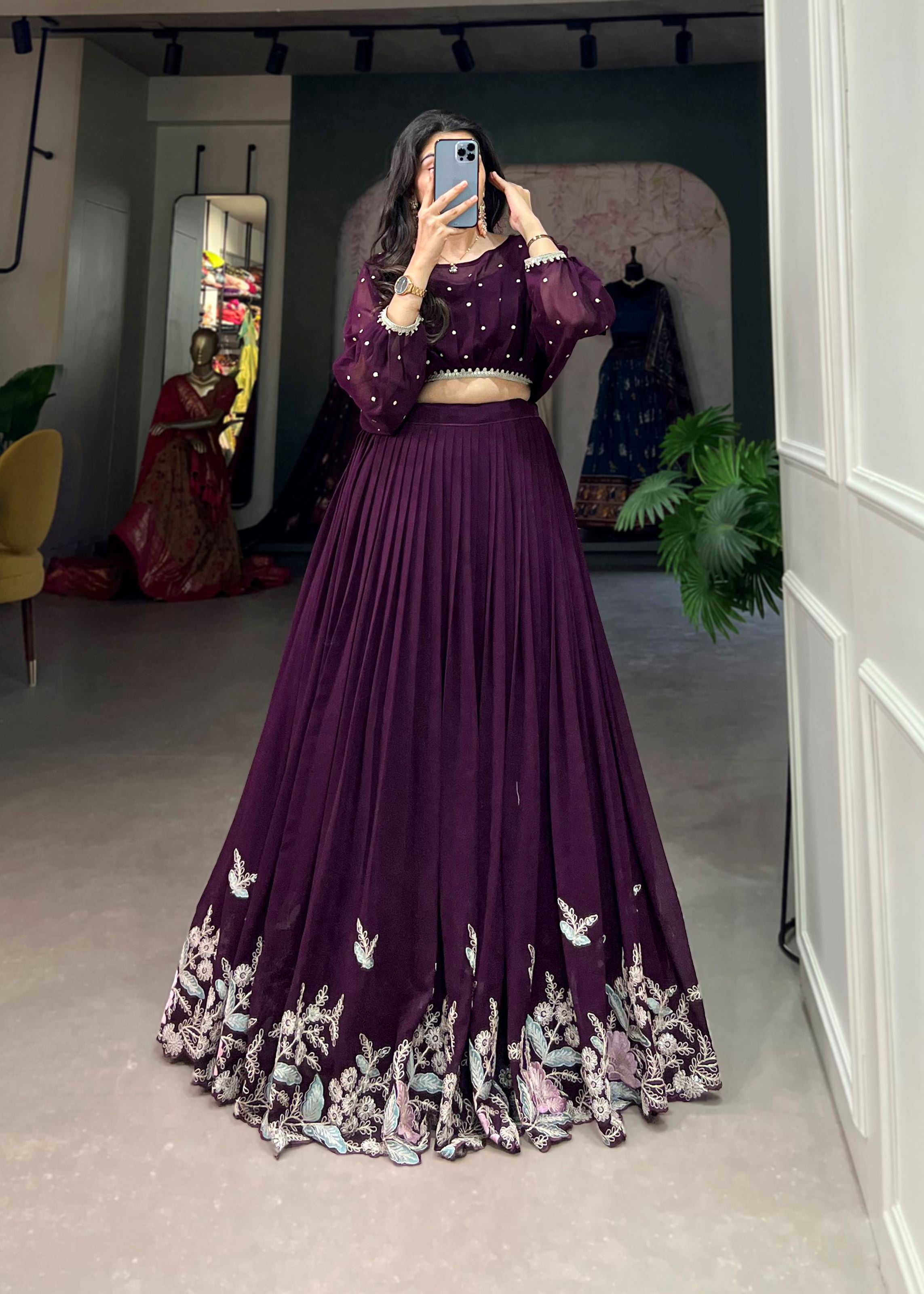 Wine Georgette Lehenga with Sequin and Thread Detailing Light  Elegant