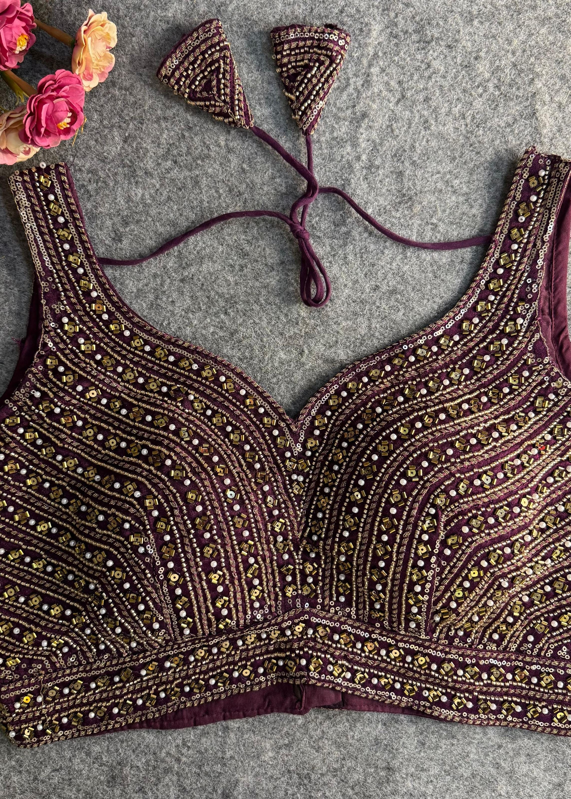 Wine Hand Embroidered Mirror Work Designer Blouse