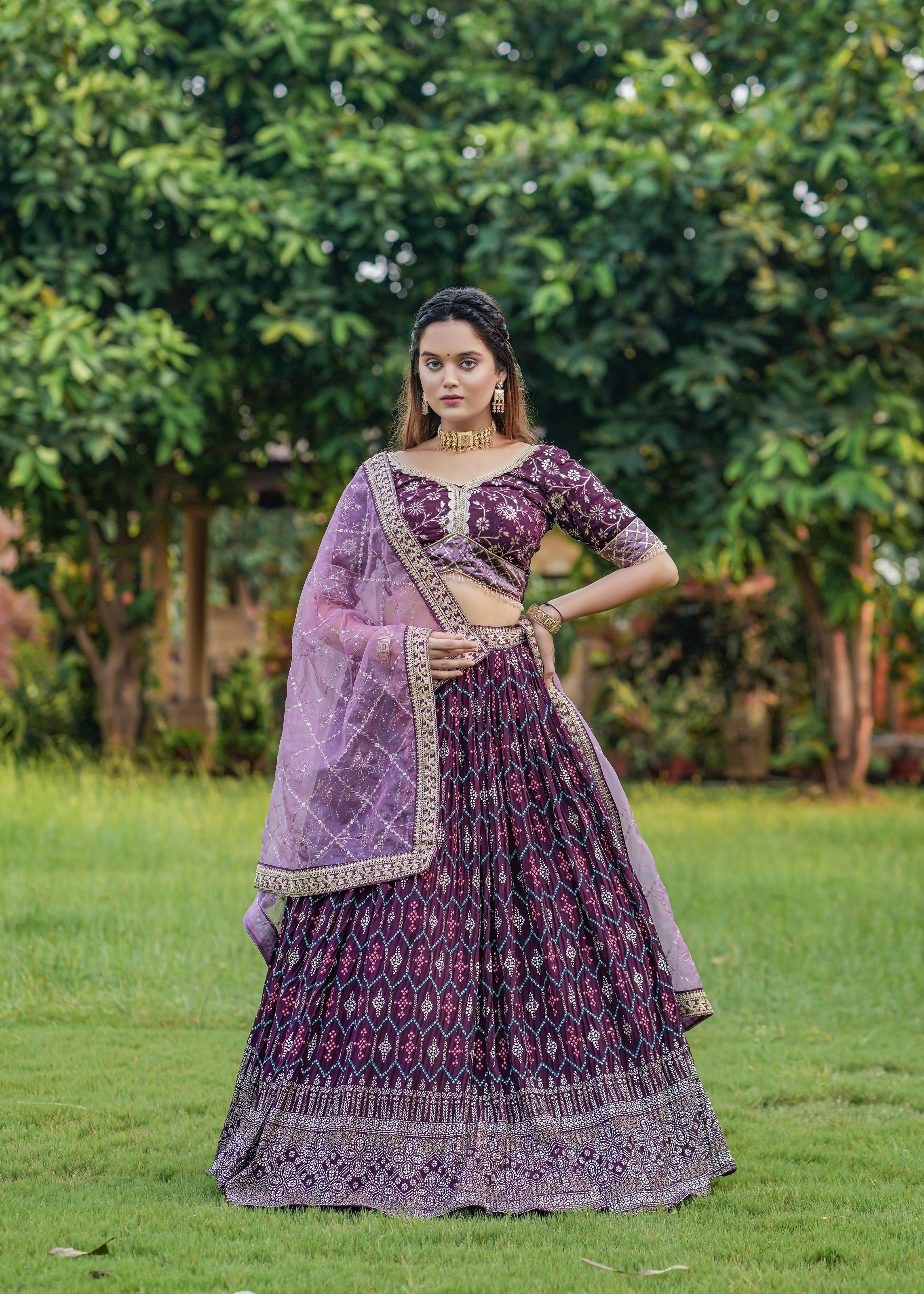 Wine Lehenga Choli With Heavy Foil Print  Embroidery Work Belt