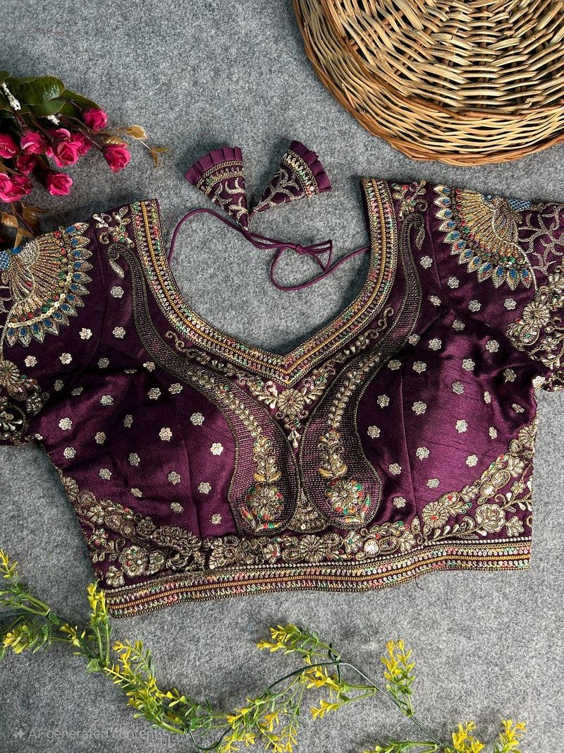 Wine  Peacock Embroidery Work Blouse – Heavy Work on Back & Sleeves