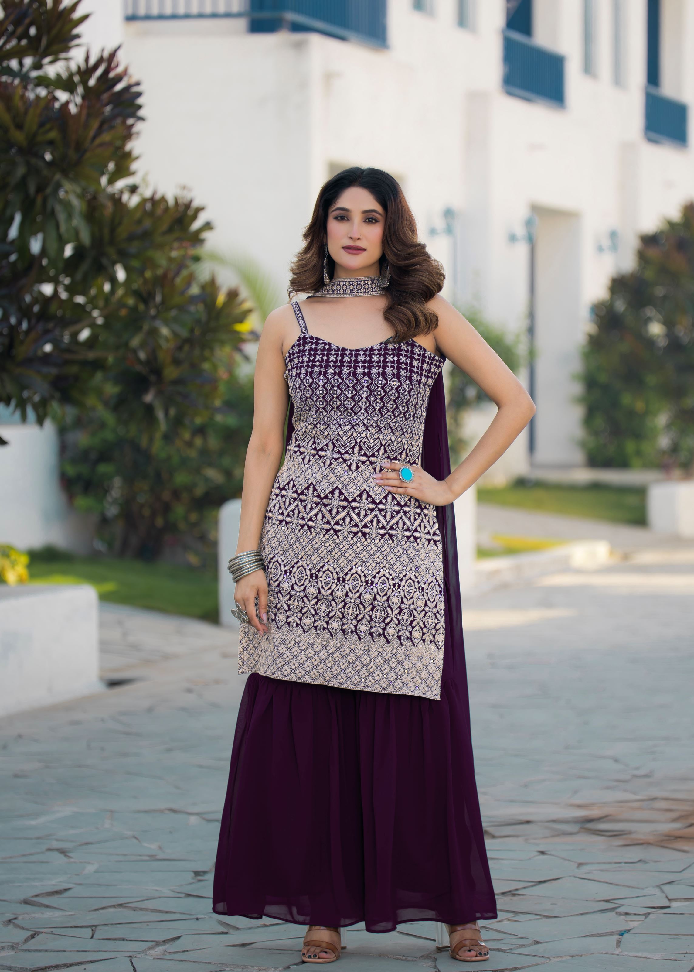 Wine Sharara Dress With Sequence Embroidered