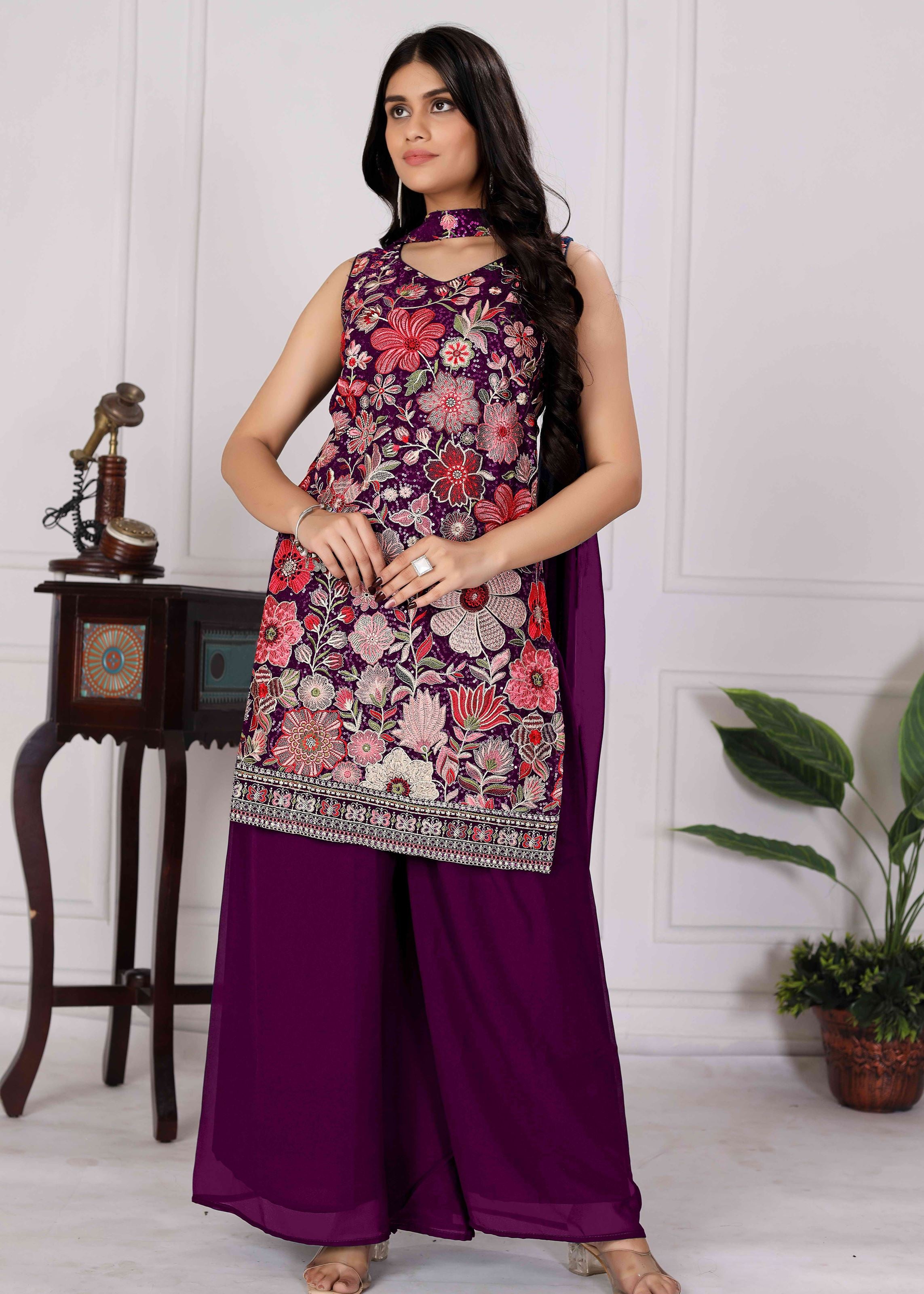 Wine Sharara Dress With Sequence Embroidered