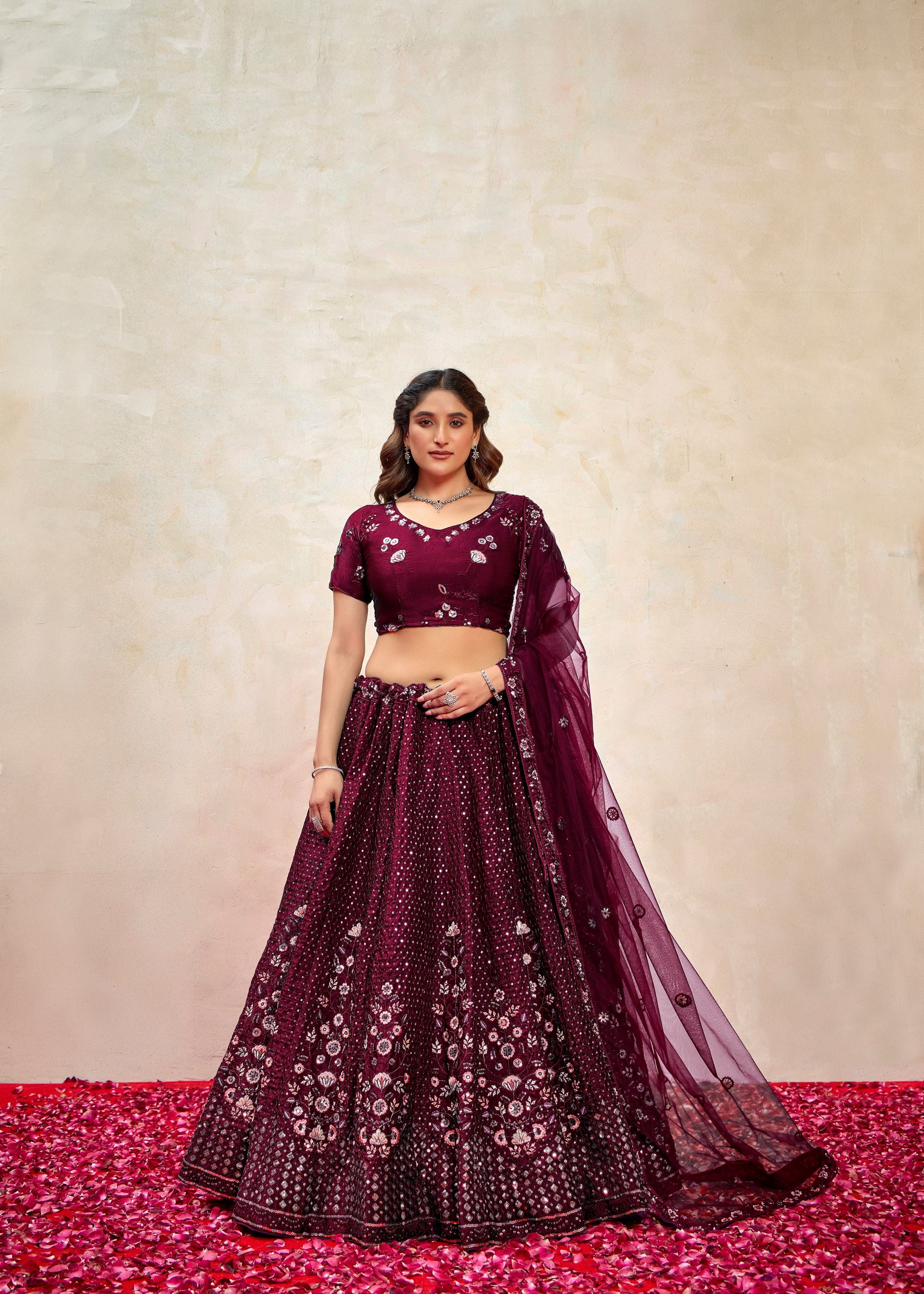 Wine Silk Lehenga with Embroidered Sequence Highlights