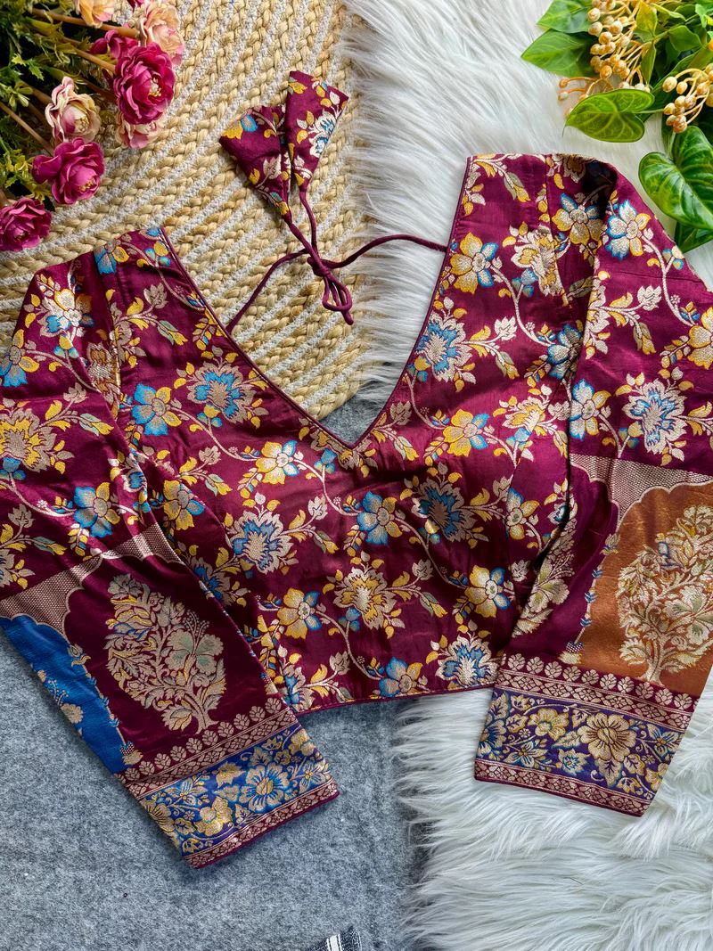 Wine  Soft Dola Silk Blouse with Woven Motifs & Full Sleeves