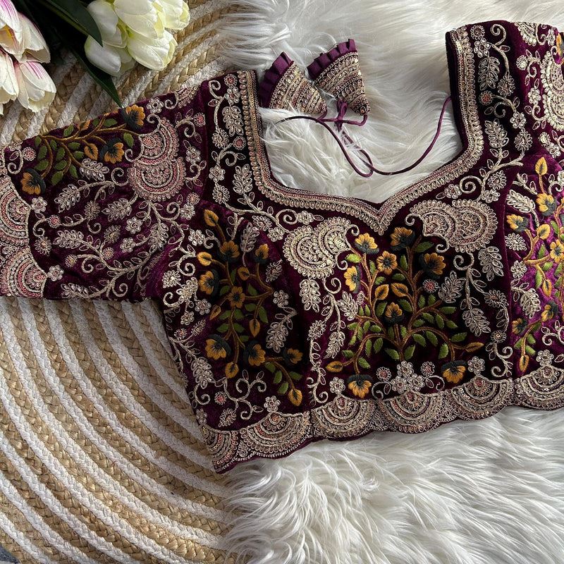 Wine Velvet Bridal Blouse with Multicolor Thread & Zardosi Embroidery