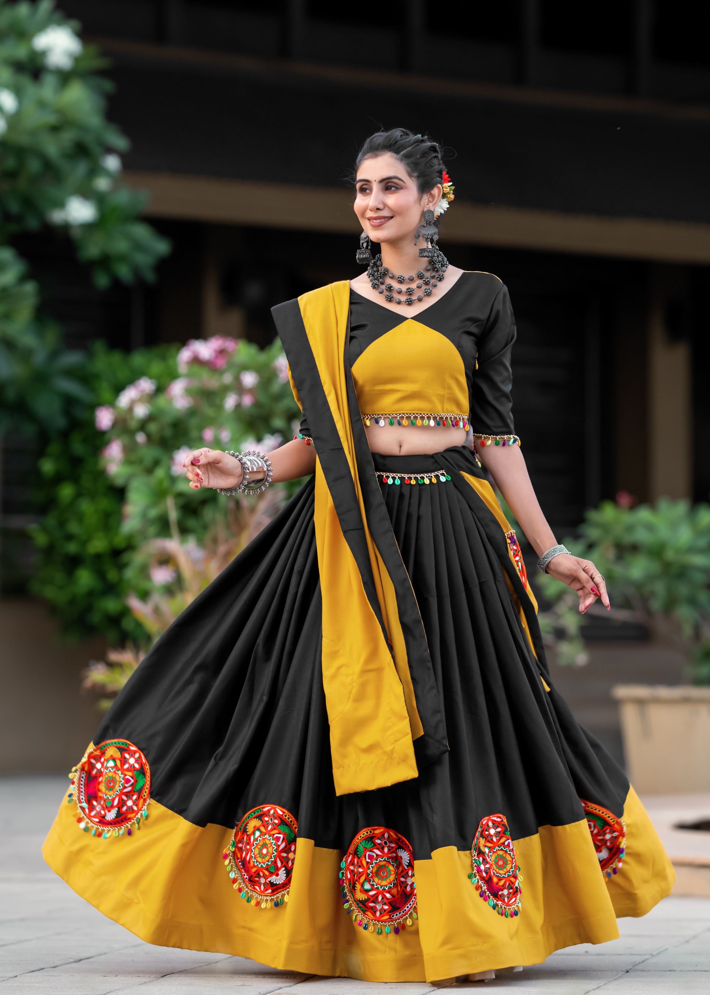 Yellow And Black Navratri Chaniya Choli With Gamthi Work