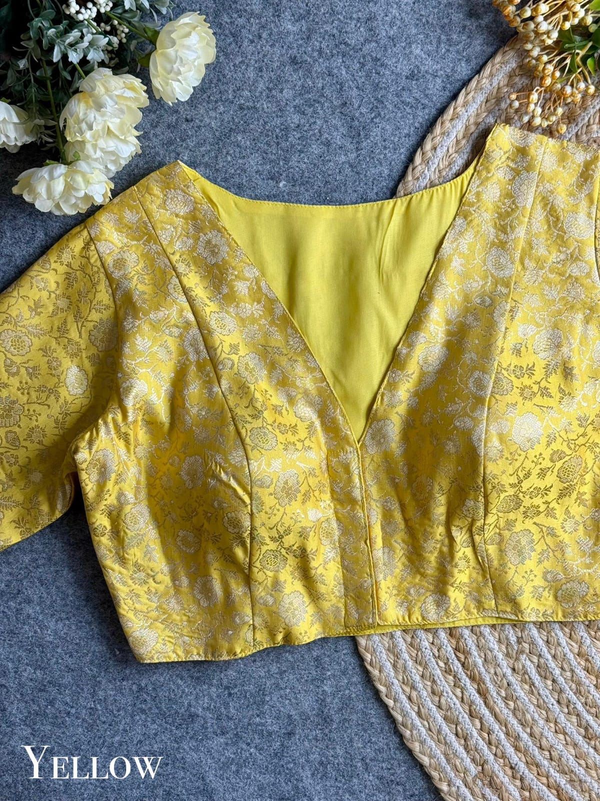 Yellow Designer Blouse with V-Neck & Golden Brocade Floral Weave