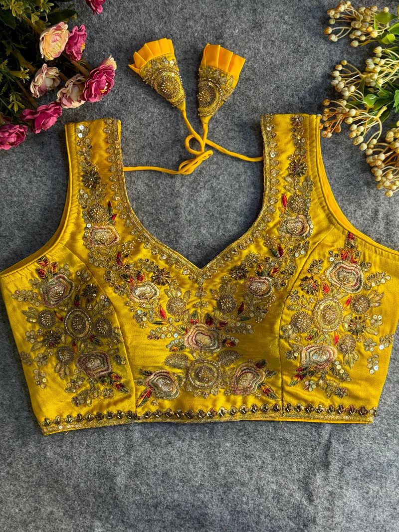 Yellow Embroidered Blouse with Gold Work & Sleeves attached