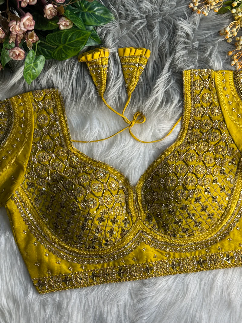 Yellow Embroidered Sweetheart Neck Blouse with Sequin Work & Scallop Cut