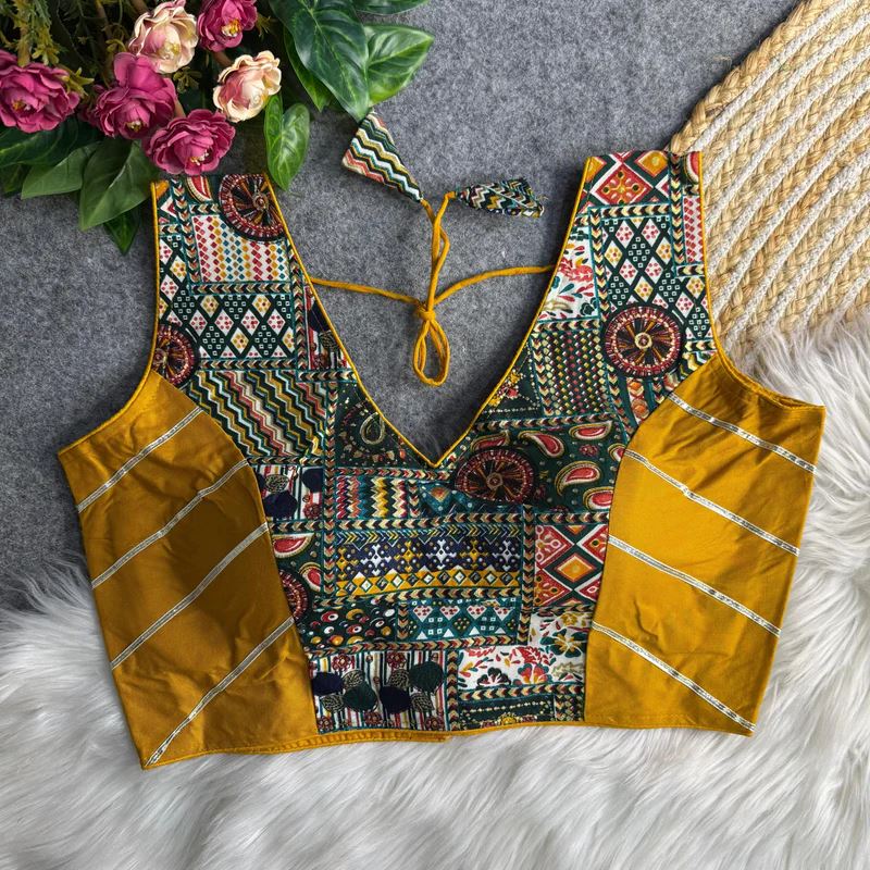 Yellow Ethnic Print Garba Blouse with Bold Contrast Look