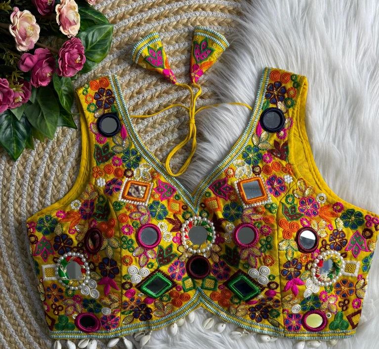 Yellow Fancy Design Apple Cut Blouse With Gamthi Lace  Real Multi Mirror Work