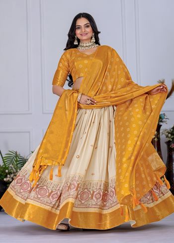 Yellow Lehenga Choli with Jacquard Jari Lining and Printed Detailing