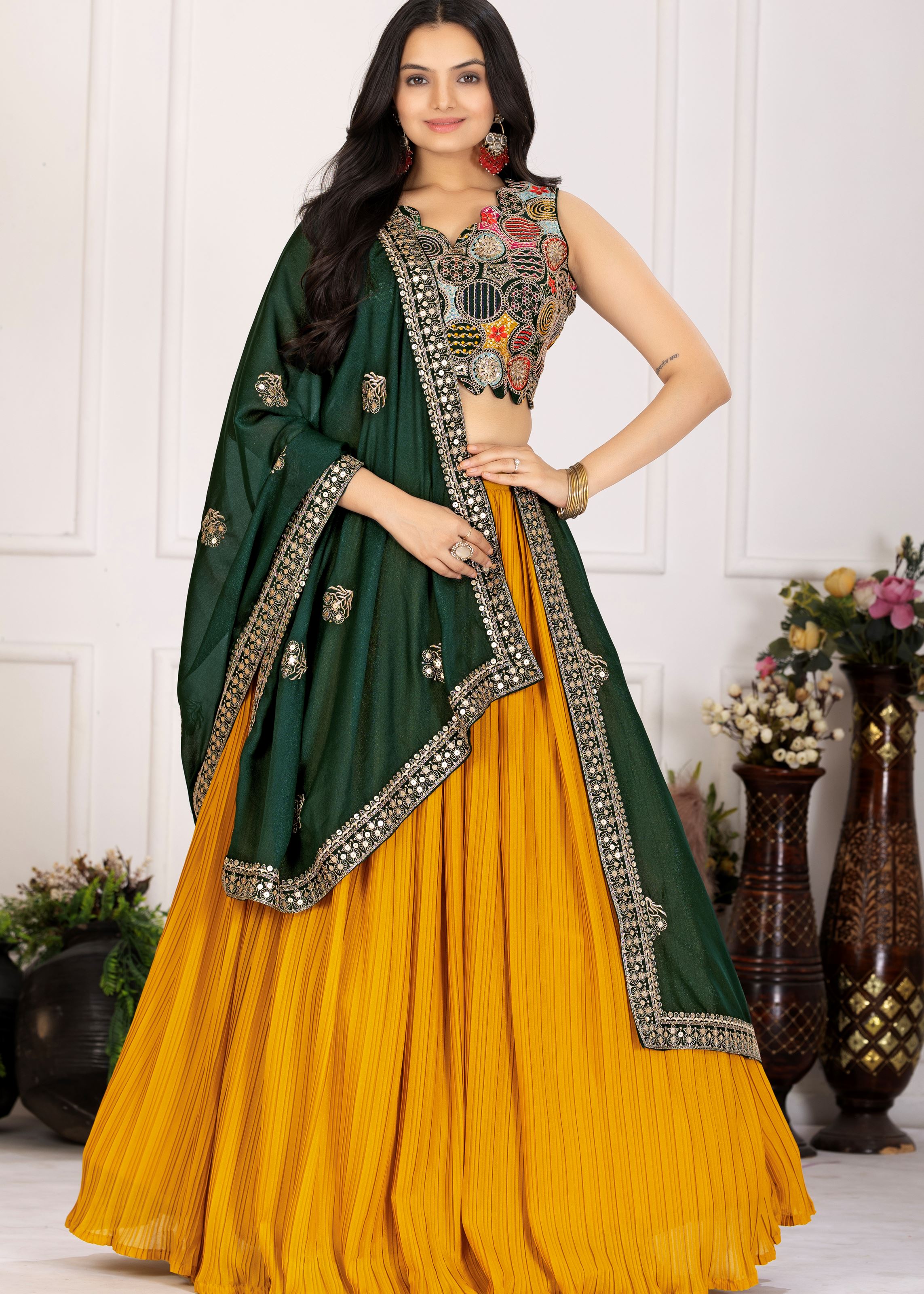 Yellow Lehenga Choli With Plain With Crease Work