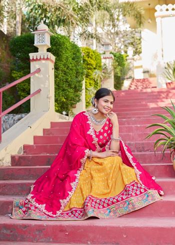 Yellow Lehenga Choli with Viscose Position Print and Jacquard Touch-Up