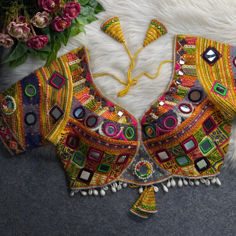 Yellow Navratri Blouse With Real Muliti Mirror  Kodi Work