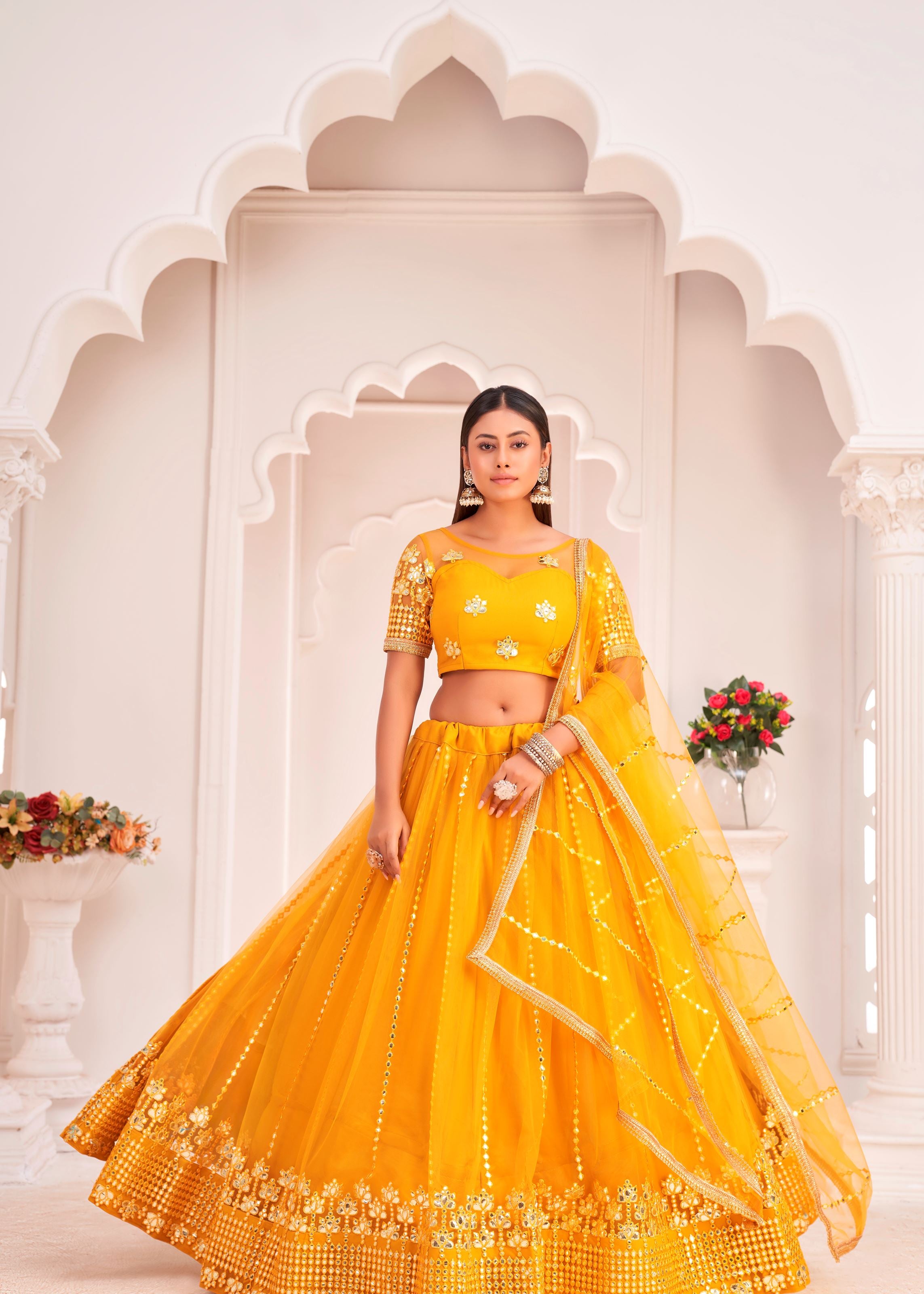 Yellow Net Lehenga Choli With Thread Embroidery Work