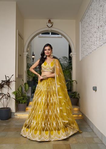 Yellow Net Lehenga Choli With Thread Embroidery Work