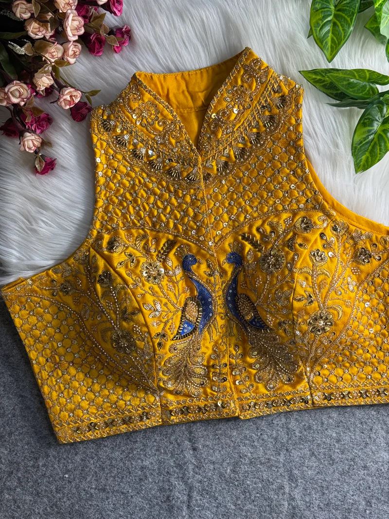 Yellow Peacock Embroidered Blouse with High Neck & Mirror Work
