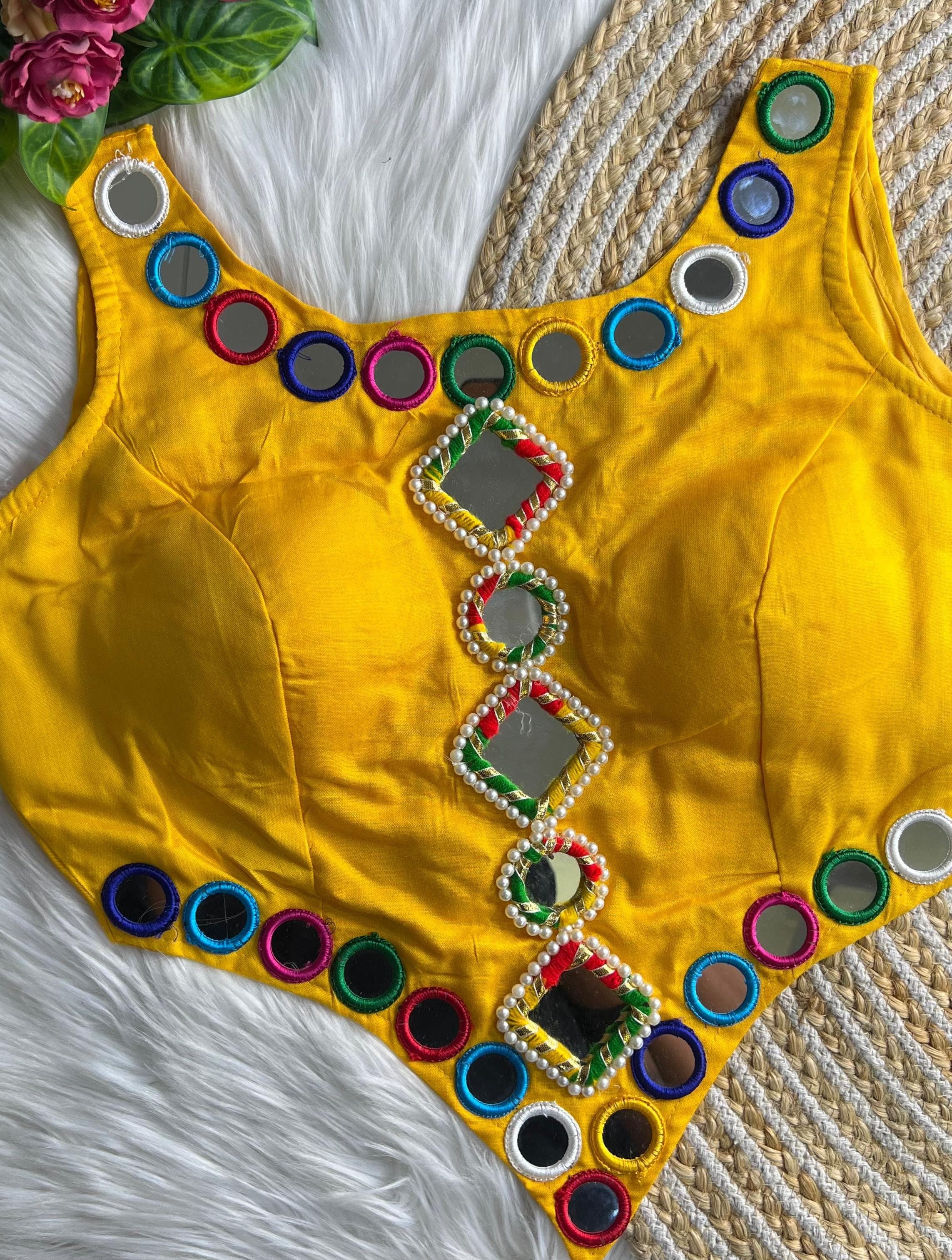 Yellow Real Mirror Navratri Handwork Blouse