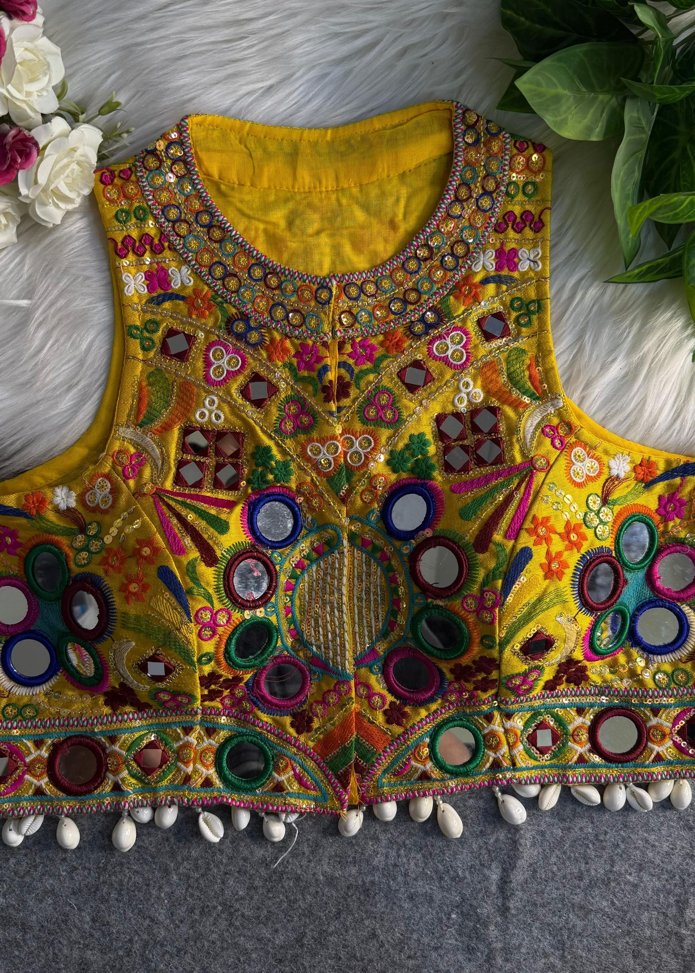 Yellow Round Neck Navratri Blouse with Gamthi Mirror  Shell Work