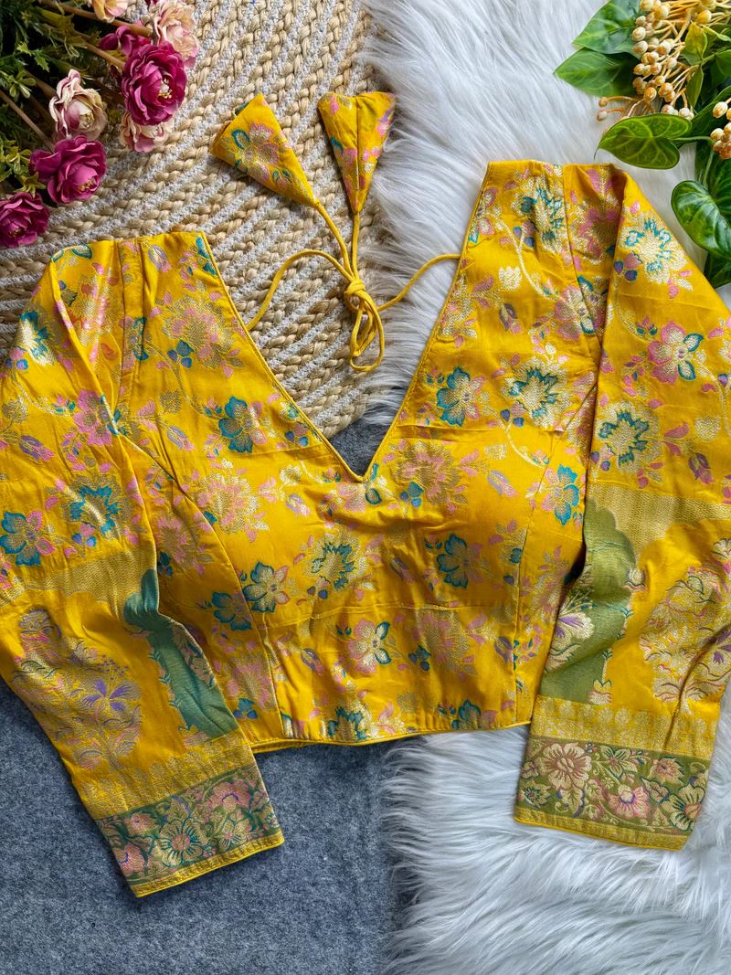 Yellow Soft Dola Silk Blouse with Woven Motifs & Full Sleeves