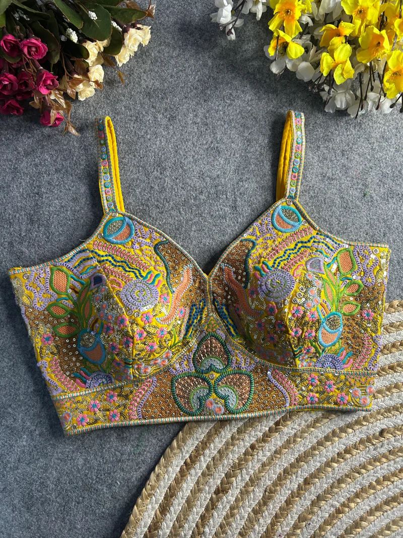 Yellow Vibrant Boho Spaghetti Blouse with Mirror & Thread Work