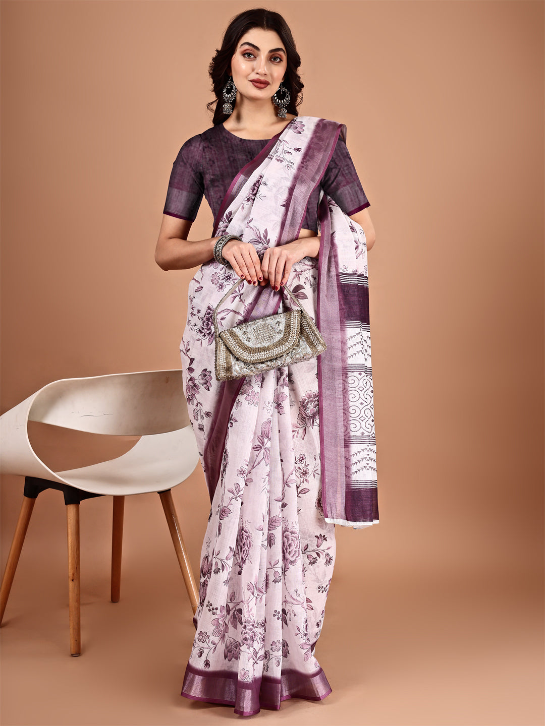White Linen Soft Casual Printed Saree