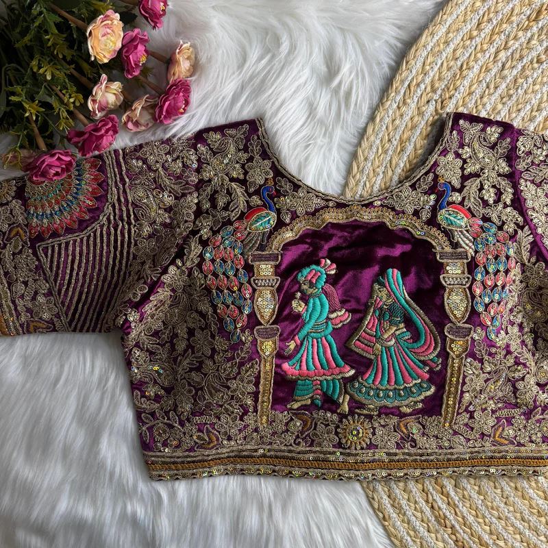 Wine Royal Rajwadi Velvet Wedding Blouse with Dulha Dulhan Embroidery