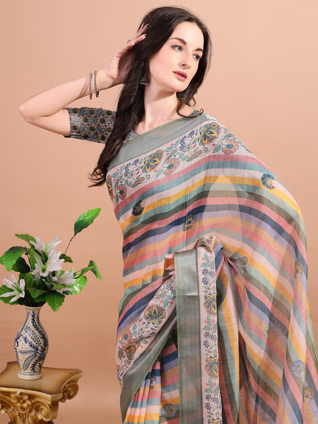 Multicolour Linen Printed Trendy Saree