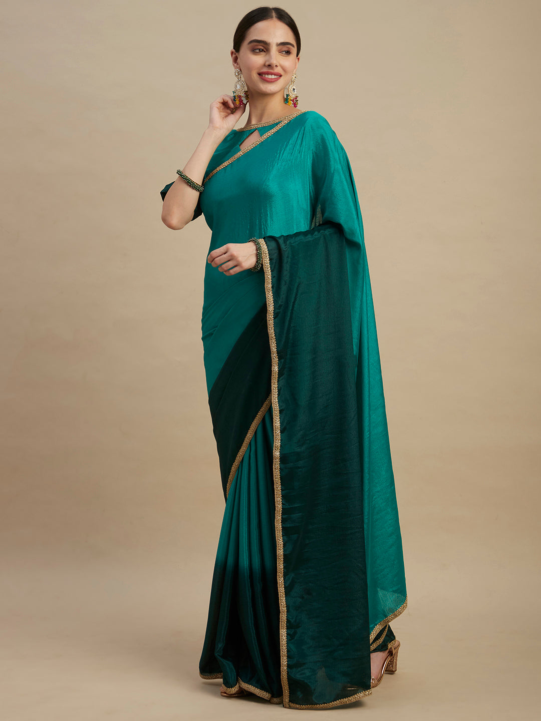 Elegant Green Chinon Silk Saree With Embroidery And Sequins Work