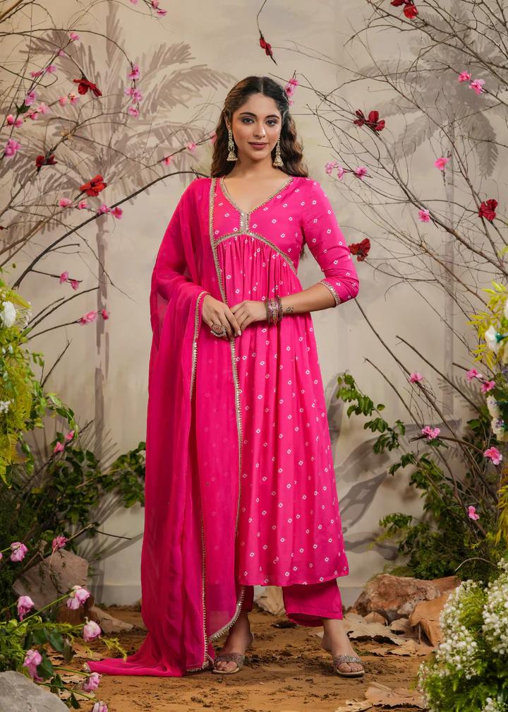 Rani Pink Kurta Pant Set with Printed With Embroidery Lace Work