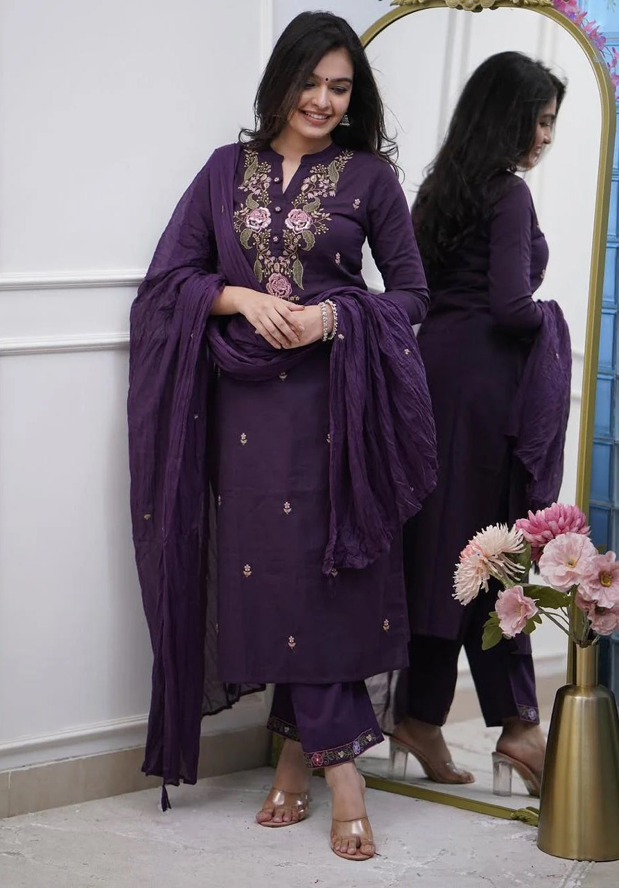 Purple Kurta Pant Set With Heavy Thread Embroidery Work