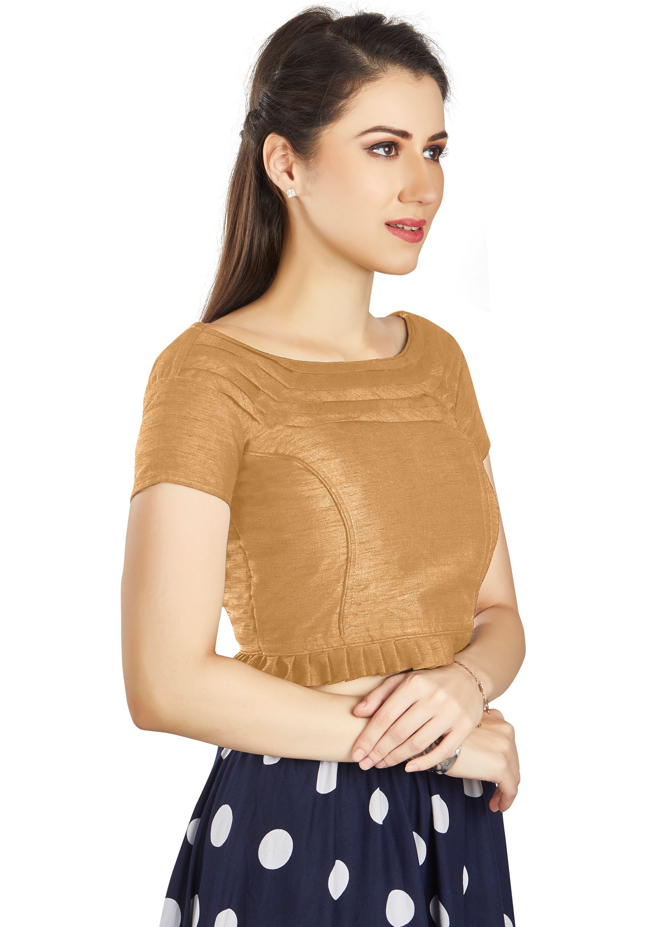 Beige Art Silk Pleated Boat Neck  Blouse With Princece Blouse