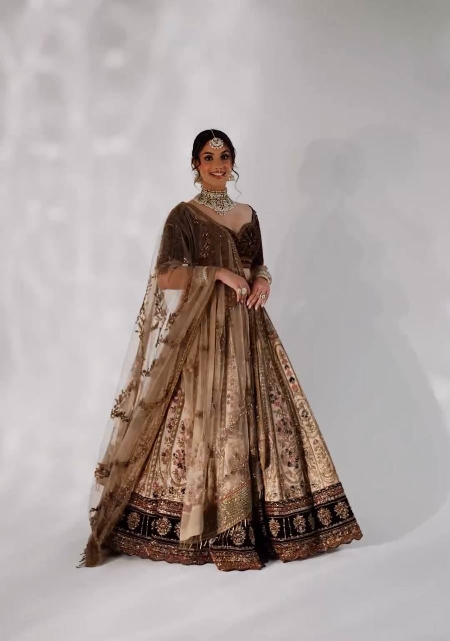 Beige Lehenga Choli with Dori, Sequins & Thread Work Along with Velvet Border
