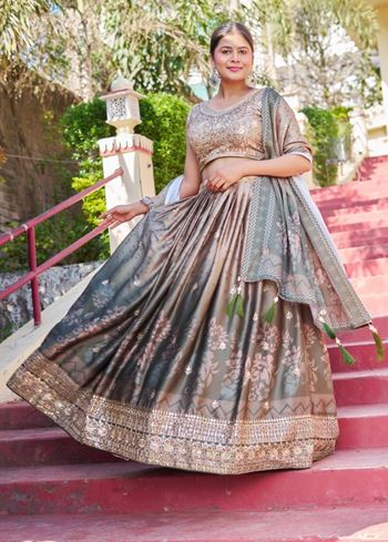 Beige Lehenga Choli With Maslin With Digital Print and Embroidery Work