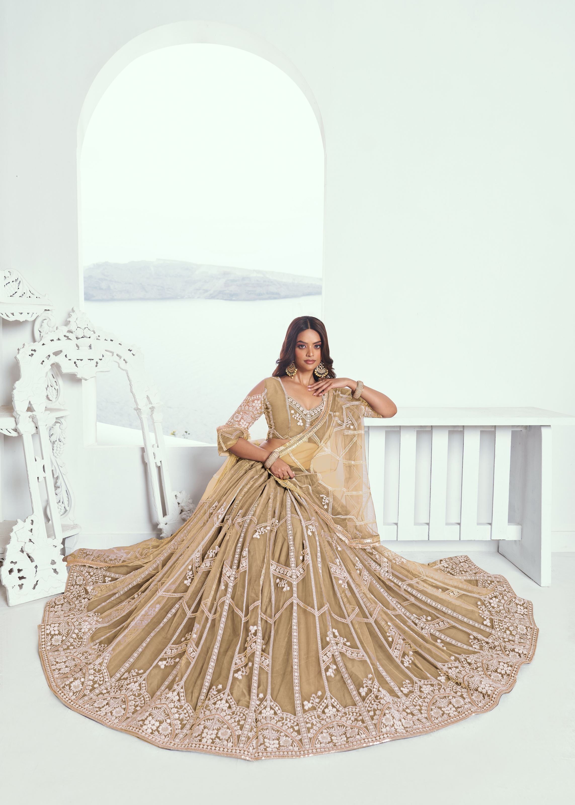 Beige Lehenga Choli With Zari Work And Sequence Work Embroidery
