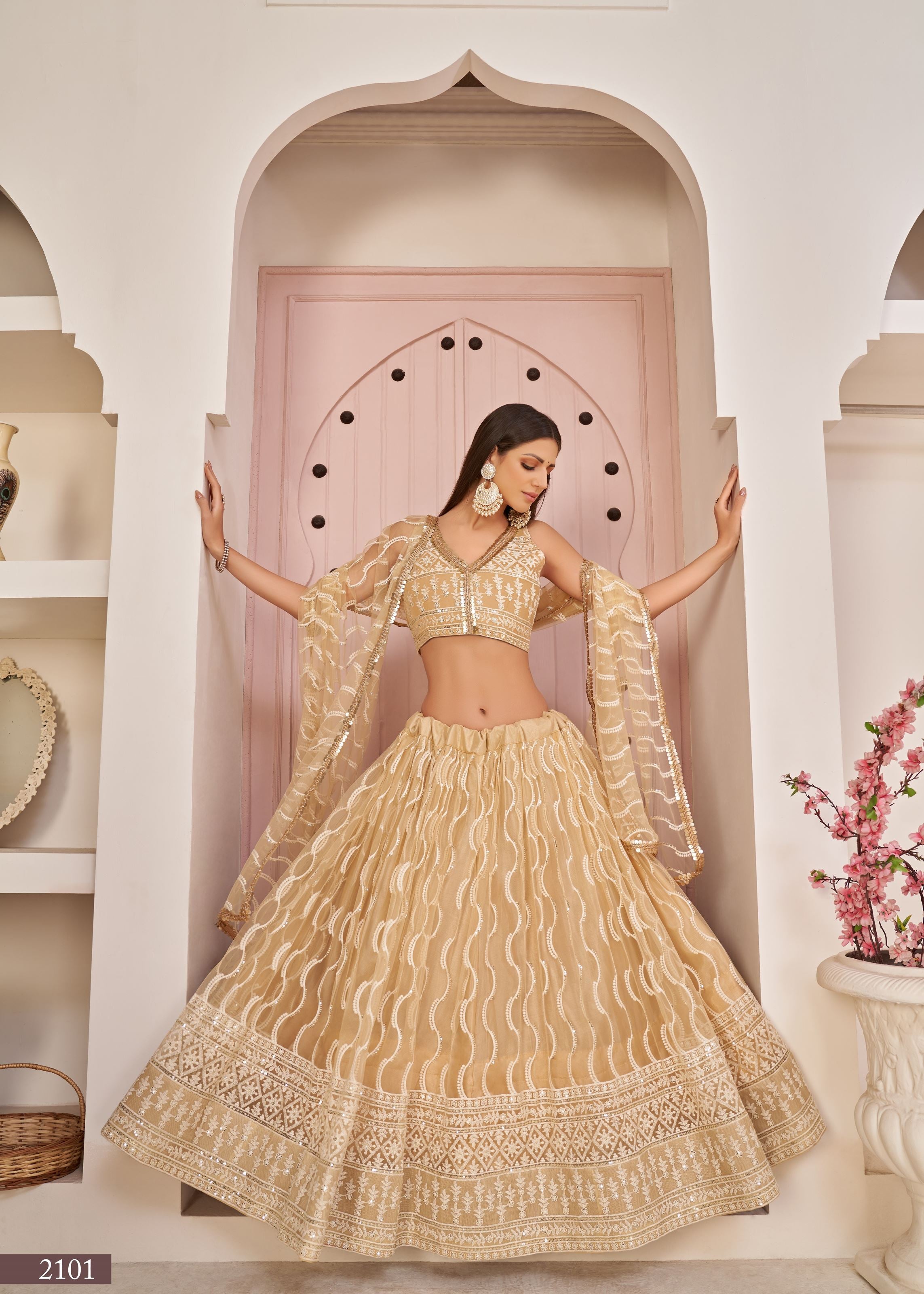 Beige Net Lehenga Choli With Thread Embroidery Work