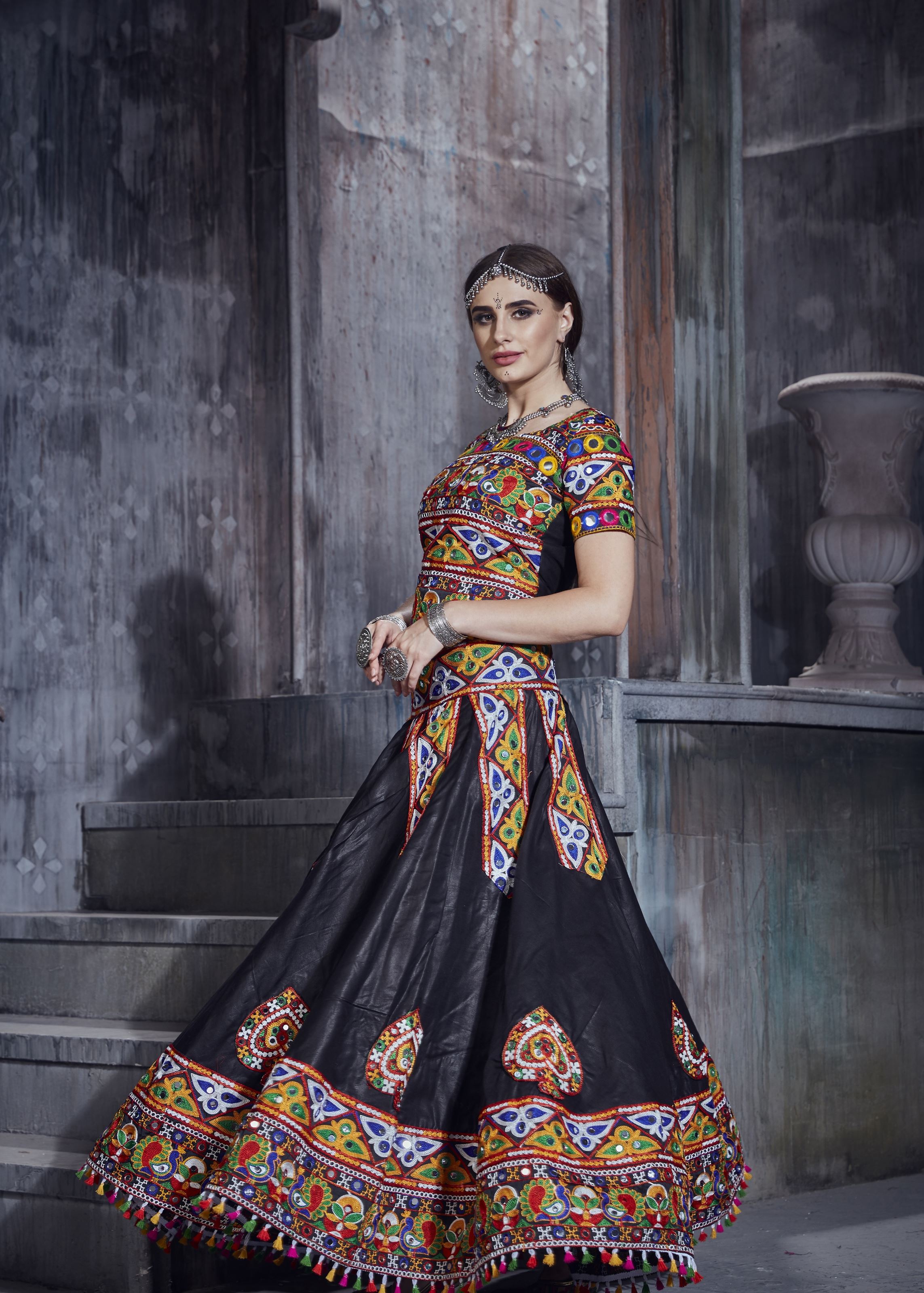 Black And Royal Blue Navratri Chaniya Choli With Gamthi Lace Work With Mirror Work