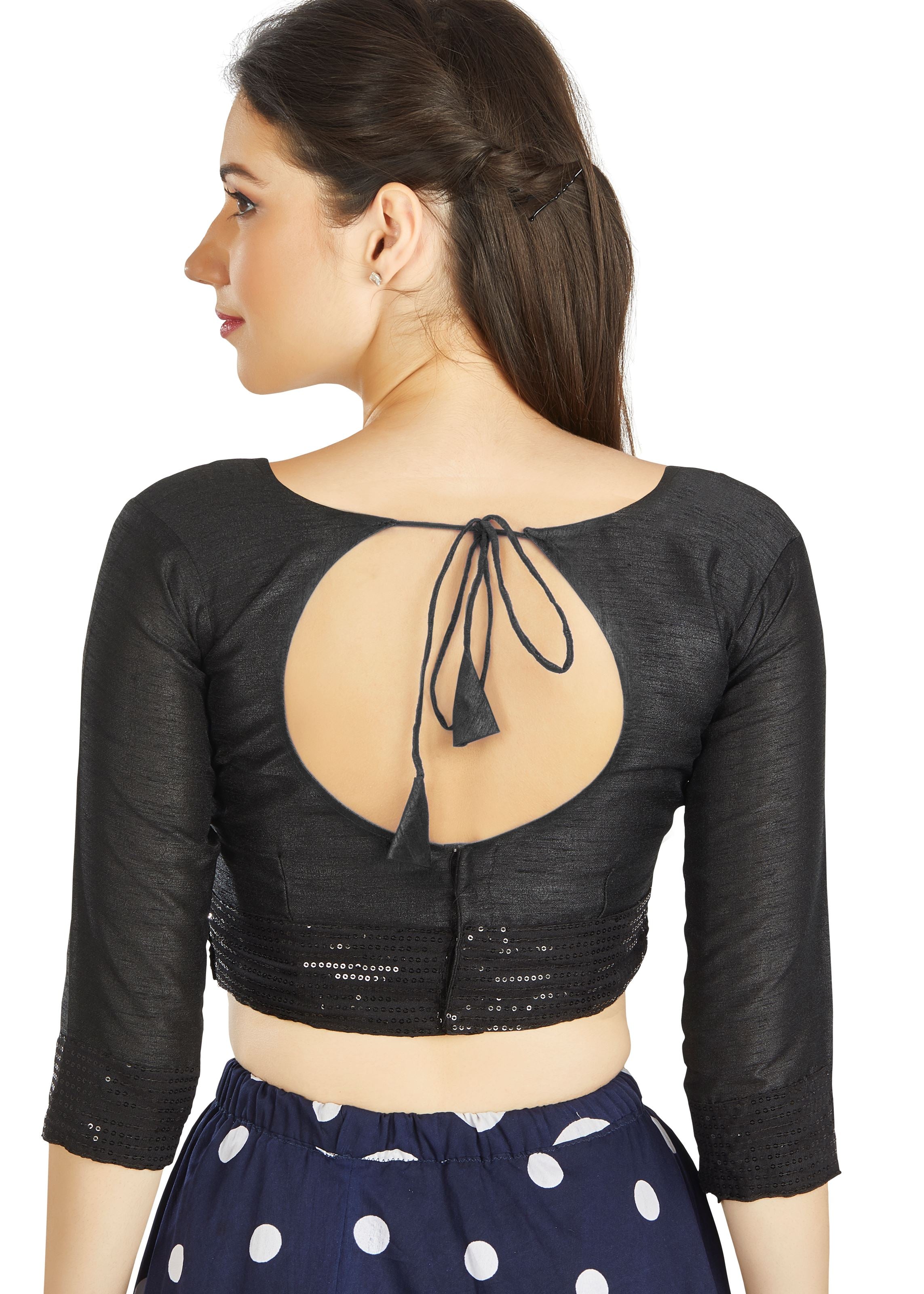 Black Art Silk Round Neck Blouse With Sequence Border in Sleeves Or Weast