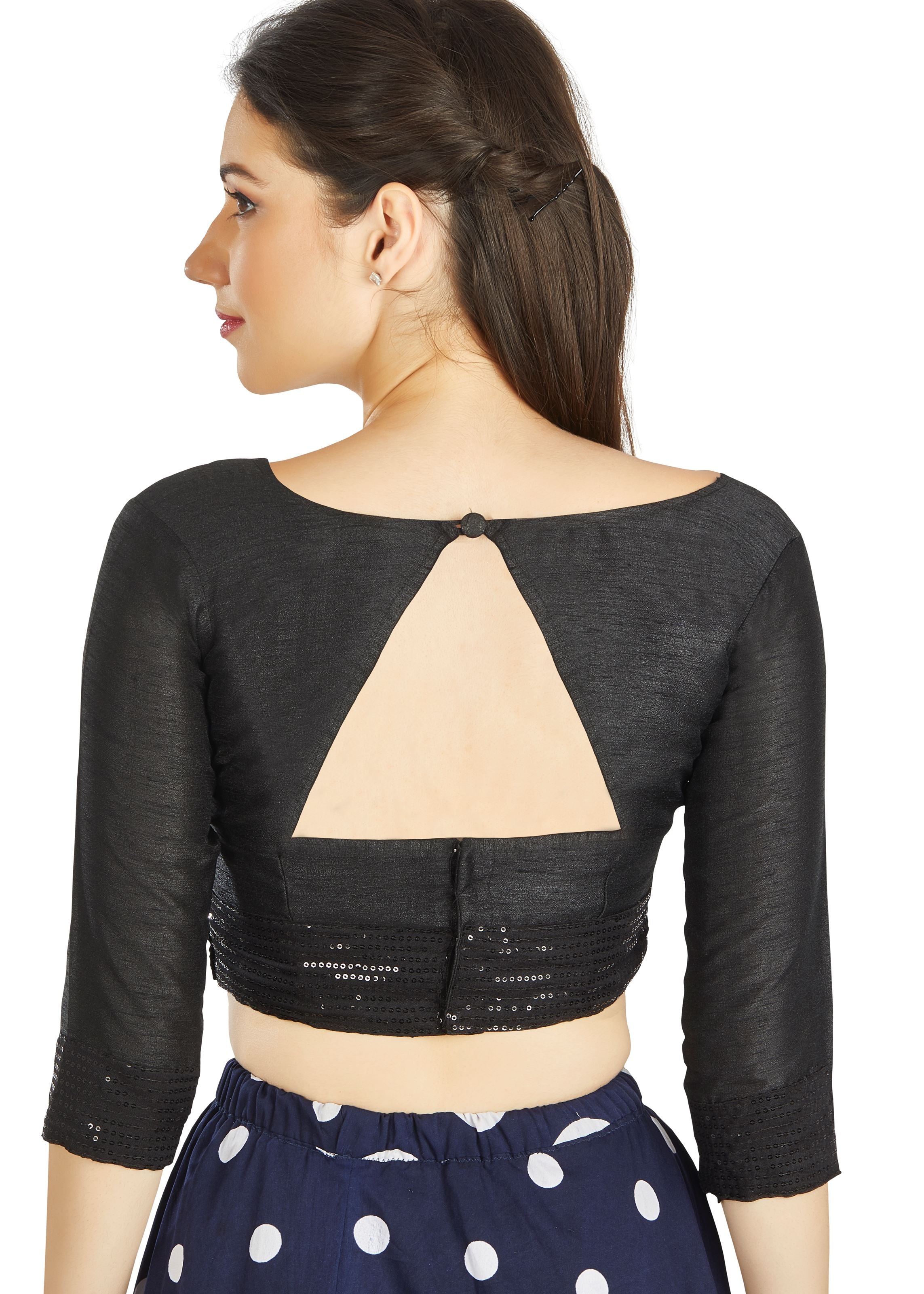 Black Art Silk Round Neck Blouse With Sequence Border in Sleeves Or Weast