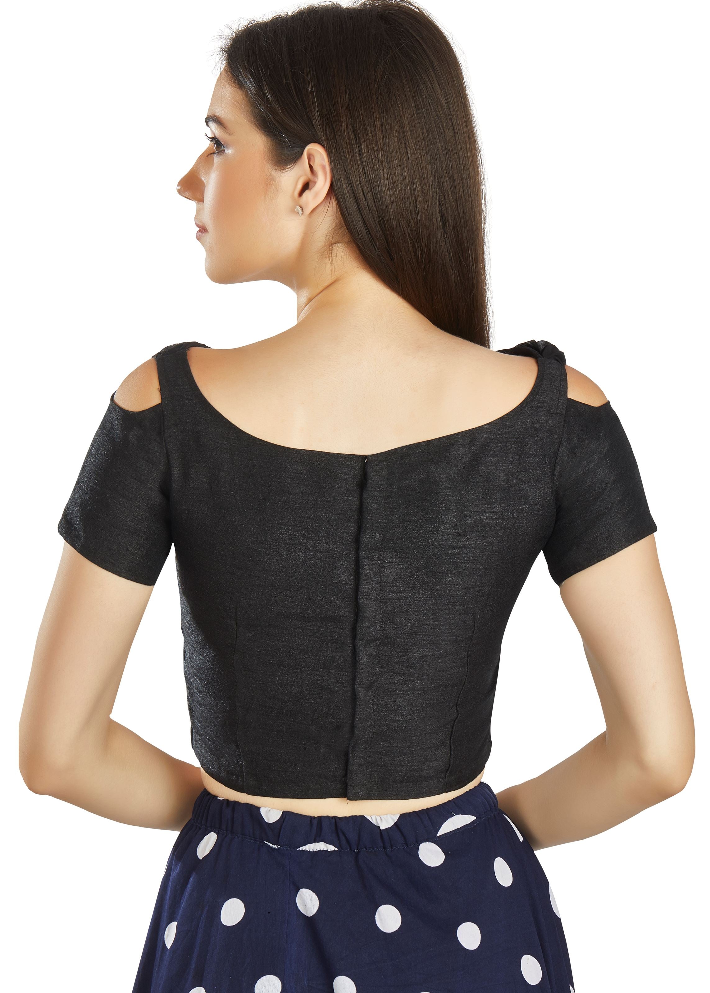 Black Art Silk V Neck Blouse With Frill neck Work