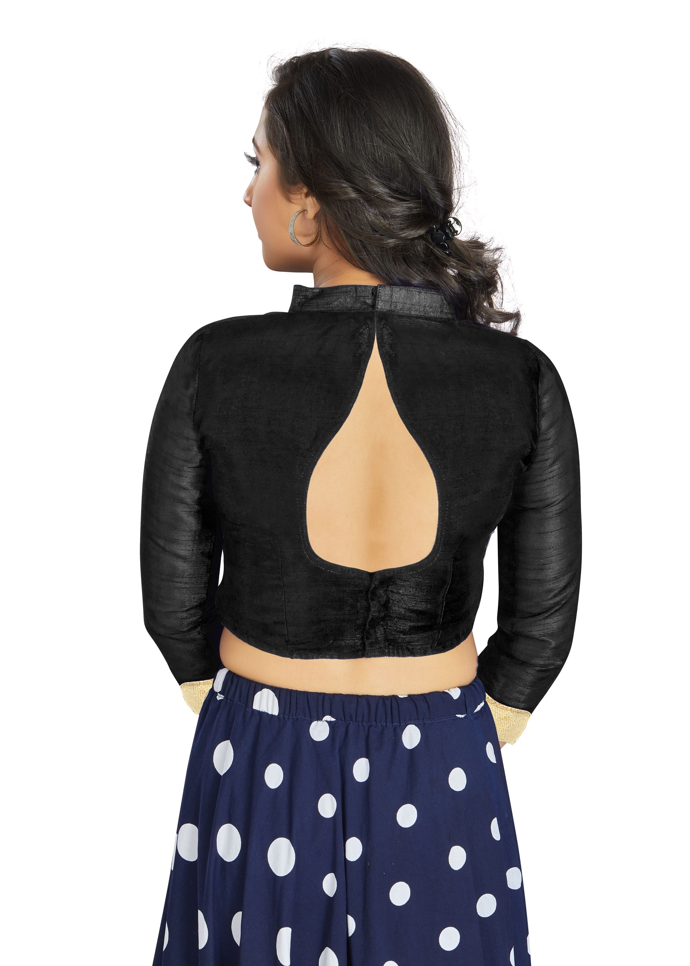 Black Art Silk V Neck Chinese Collar Blouse With Matty In Sleeve