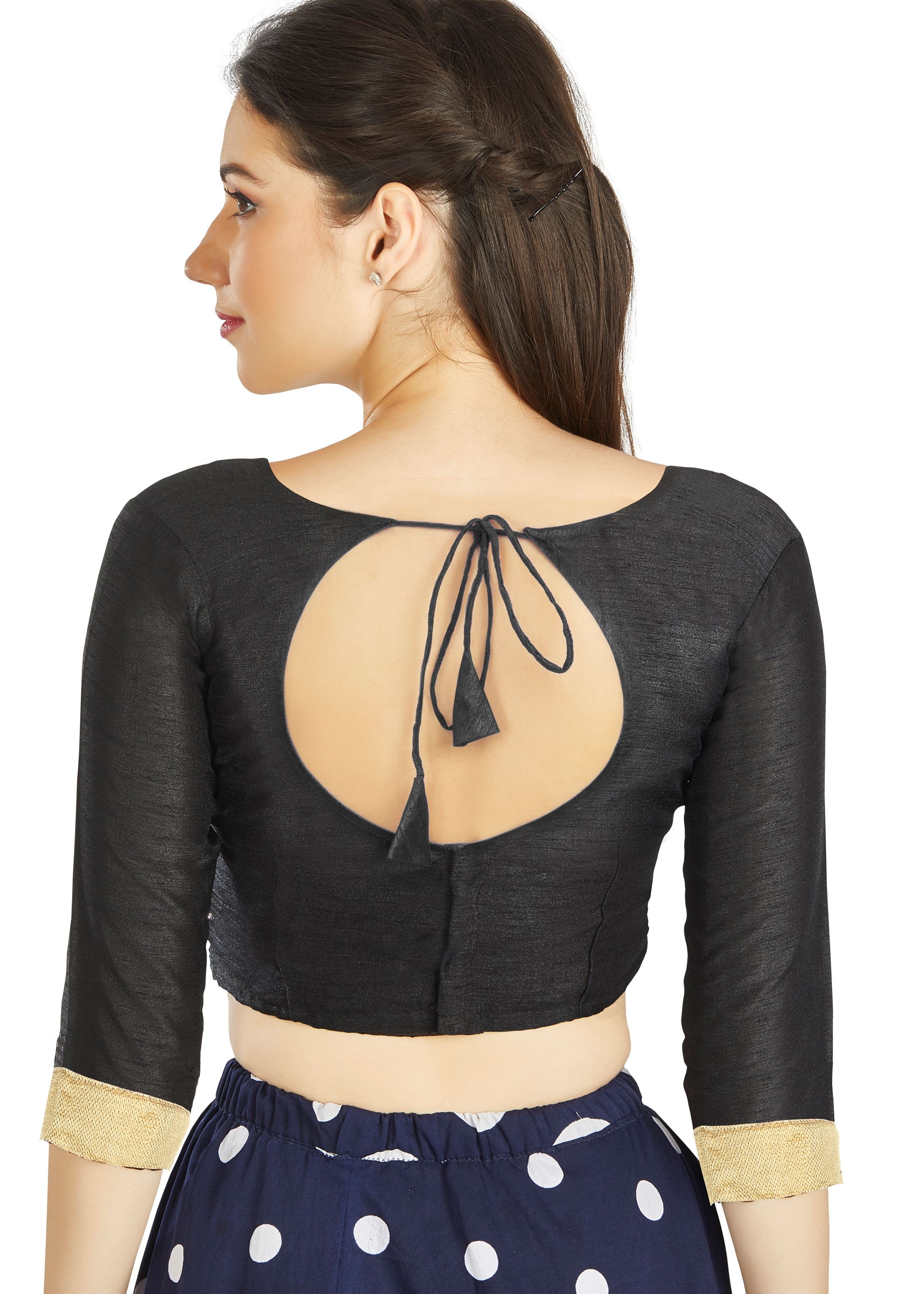 Black Art silk U Neck Blouse With Matty Work In Sleeve