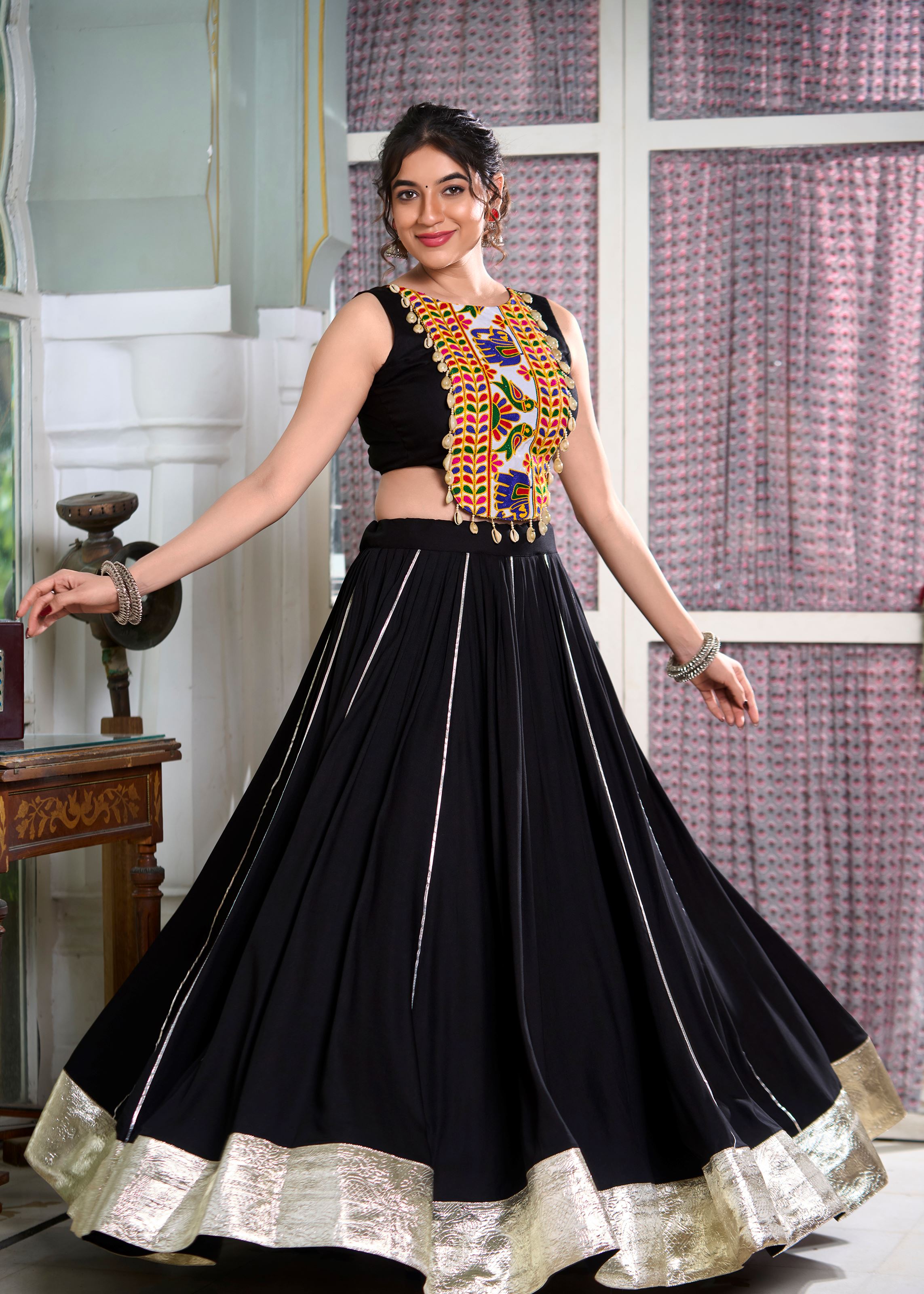 Black Classic Rayon Lehenga Choli with Lace Border  Gota Patti
