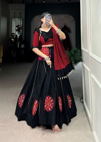 Black Cotton Lehenga Choli with Gamthi Patch and Gota Patti Touch-Up