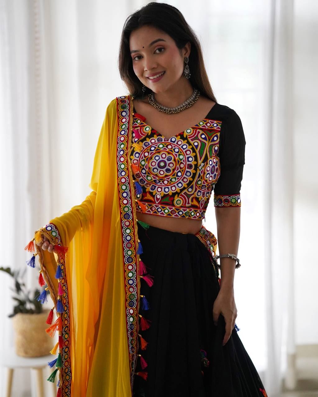 Black Lehenga Choli With Chain-Stitch Work With Original Mirror